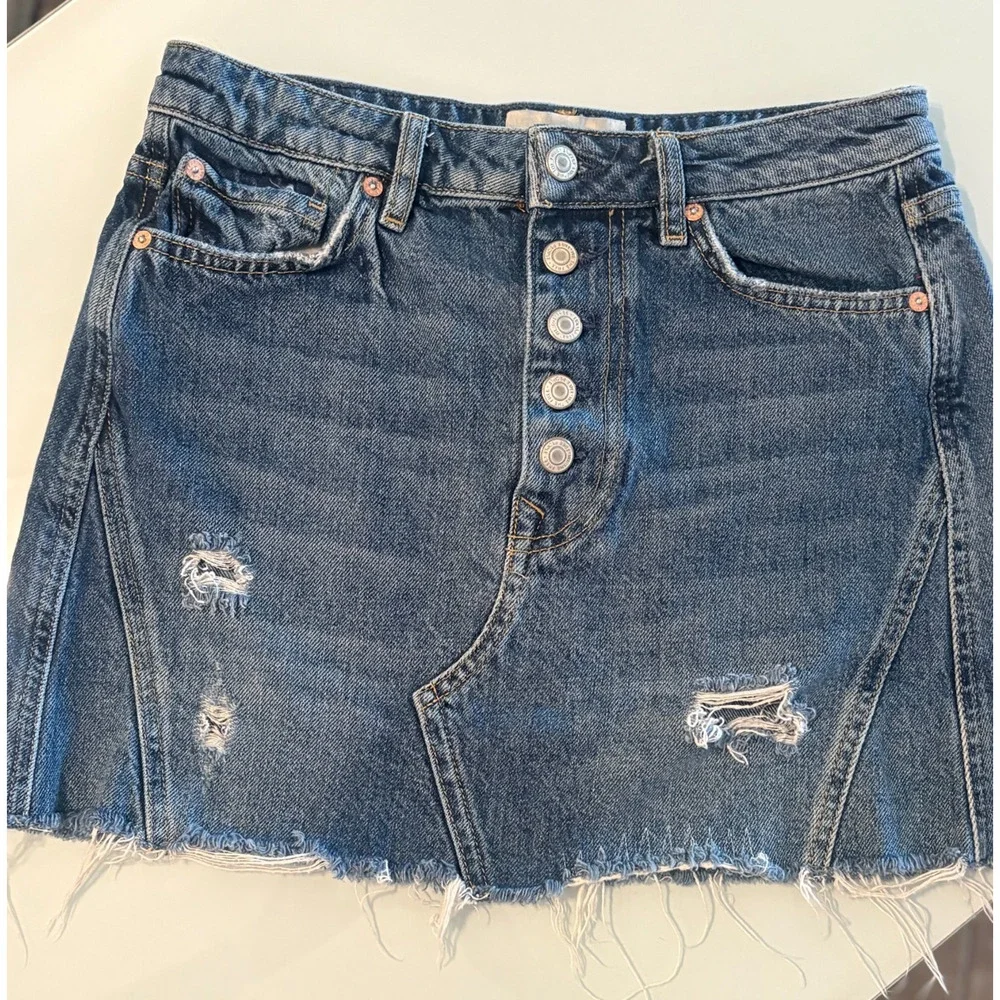 Free People Destroyed Button Fly Denim Skirt In Harvey Blue Wash Jean Size 28